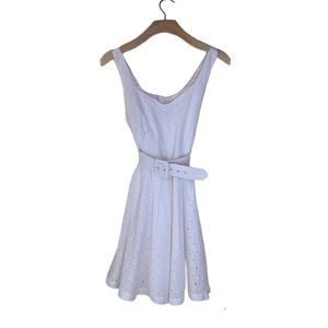 White Belted Pleated Eyelet A-Line Dress
